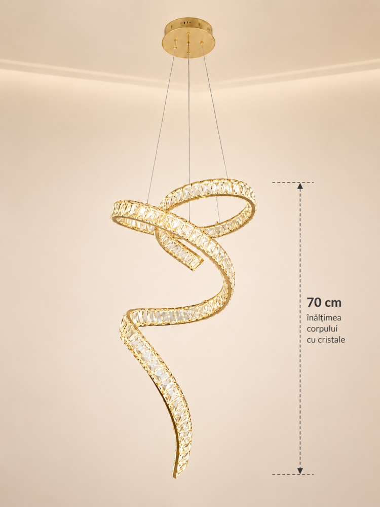 Lustră LED Smart tip panglică asimetrică spiralată, AVI®, cu cristale, schelet metalic auriu, telecomanda, corp 70 cm, 3 tipuri de lumină, AVI-5535 [5]