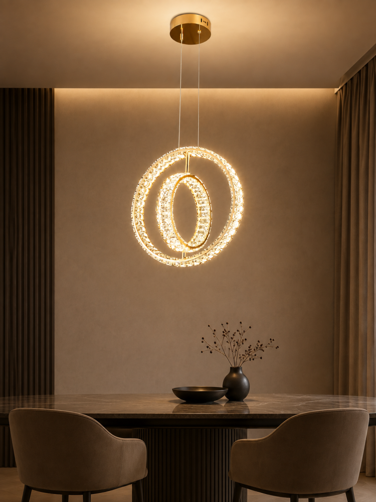 Lustră LED Smart tip pendul cu cristale, AVI®, 2 inele interconectate Ø40 și Ø25 cm, telecomandă, 3 tipuri de lumină, schelet metalic auriu, AVI-5530 [2]