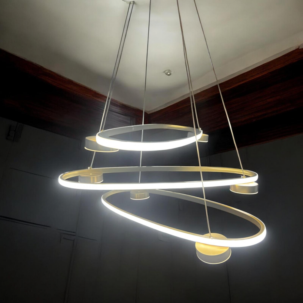 Lustra LED suspendata cu 3 inele ovale 80 x 28 cm, 2 spoturi pe fiecare inel, lumina rece, calda si neutra, schelet auriu, AVI-4691 [4]