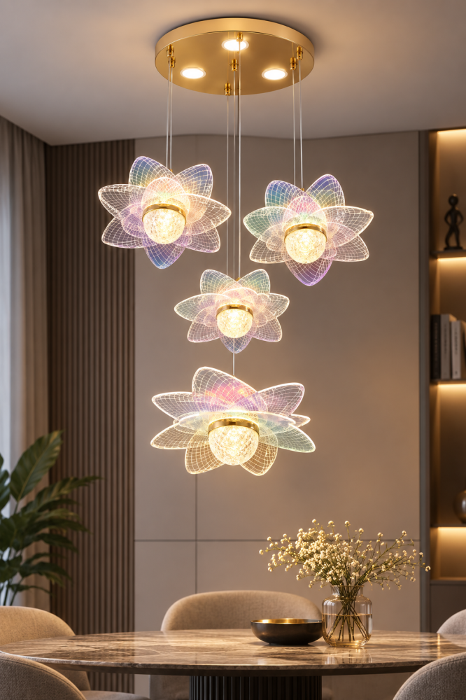 Lustra LED suspendata cu 4 pendule model floare, 3 surse de iluminare pe suport, auriu, AVI-4390 [3]