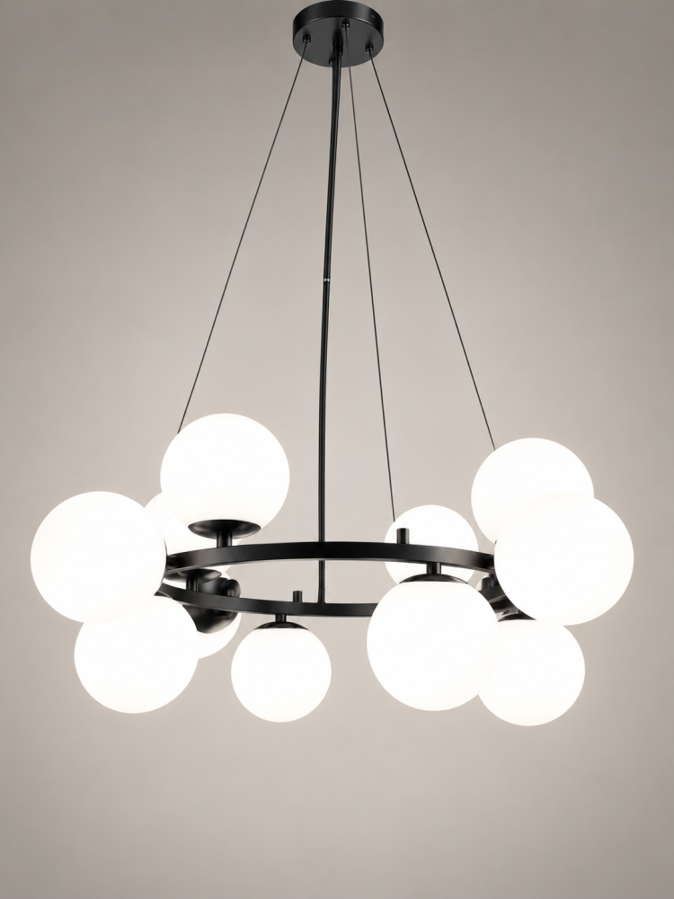 Lustra mare cu 12 globuri Ø13 cm, AVI®, 12 x E27, structura circulara neagra, diametru total aprox. Ø70 cm, pentru incaperi mari si inalte, AVI-5578 [3]
