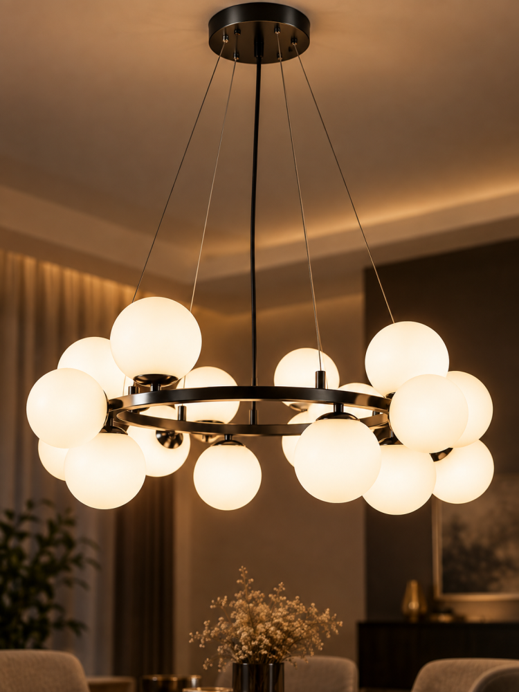 Lustra mare cu 15 globuri Ø13 cm, AVI®, 15 x E27, structura circulara neagra, diametru total aprox. Ø80 cm, pentru incaperi mari si inalte, AVI-5580 [2]