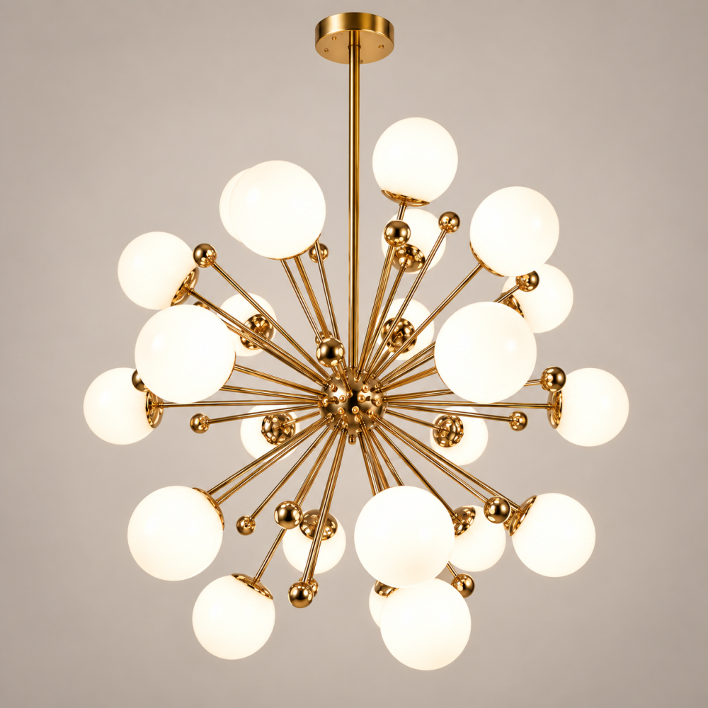 Lustra mare cu 24 globuri Ø13 cm, AVI®, 24 x E27, structura metalica aurie tip Sputnik, brate radiale si bile decorative, pentru incaperi mari si inalte, AVI-5594 [4]