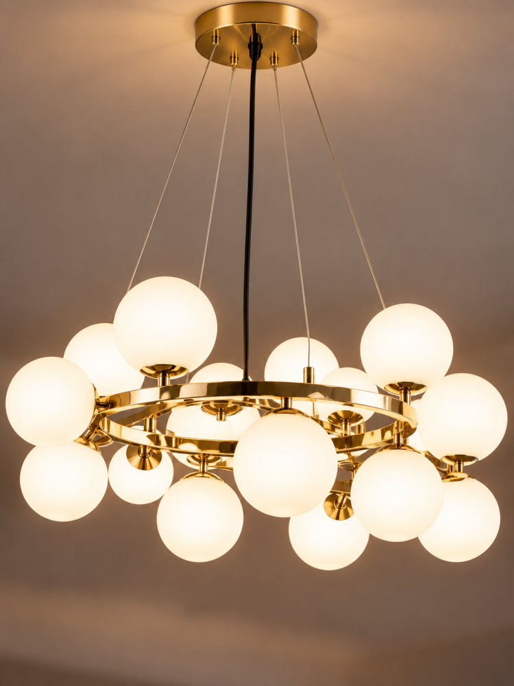 Lustră suspendată cu 15 globuri Ø13 cm, AVI®, 15 x E27, structură circulară aurie, diametru total Ø80 cm, design modern, AVI-5579 [4]