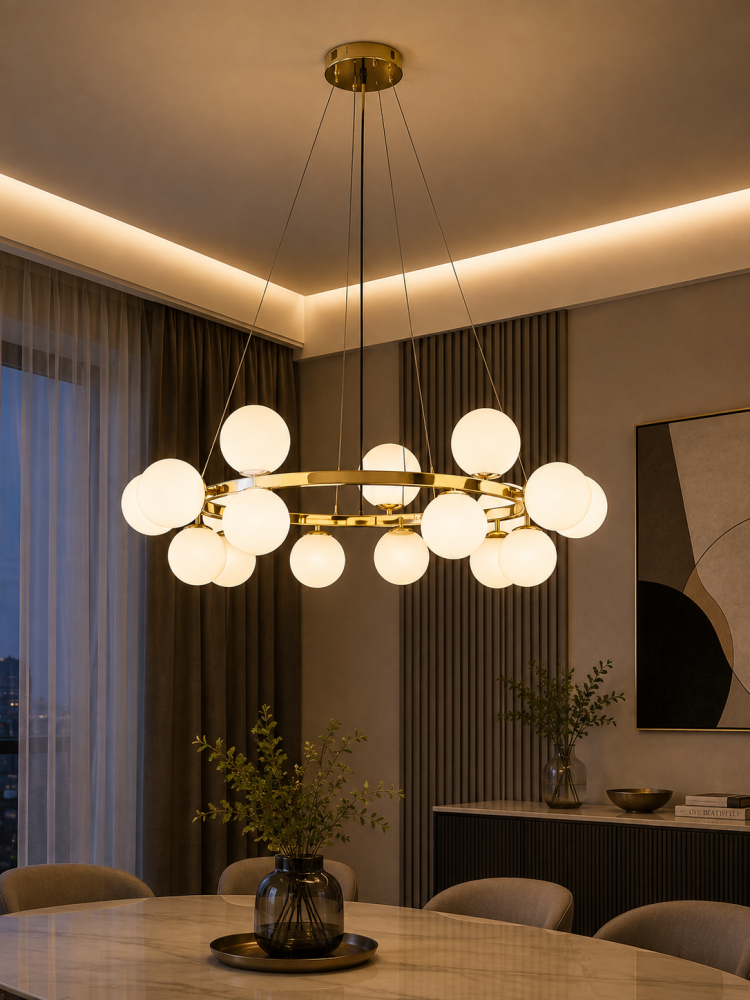 Lustră suspendată, AVI®, schelet metalic auriu, 15 globuri Ø13 cm, 15 × E14, Ø inel 60 cm, Ø aproximativ 80 cm, AVI-5579 [2]