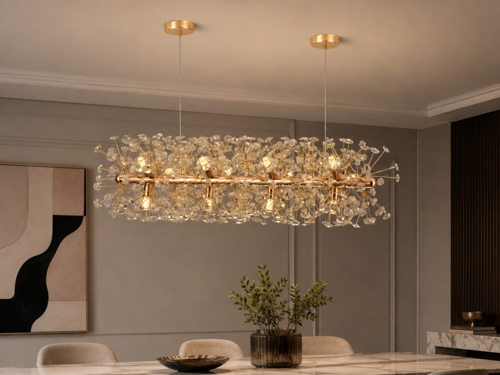 Lustră suspendată Crystal Dandelion Gold, AVI®, design liniar, 90 cm, Ø30 cm, 12 × G9, cristale multifatetate, AVI-5551 [3]