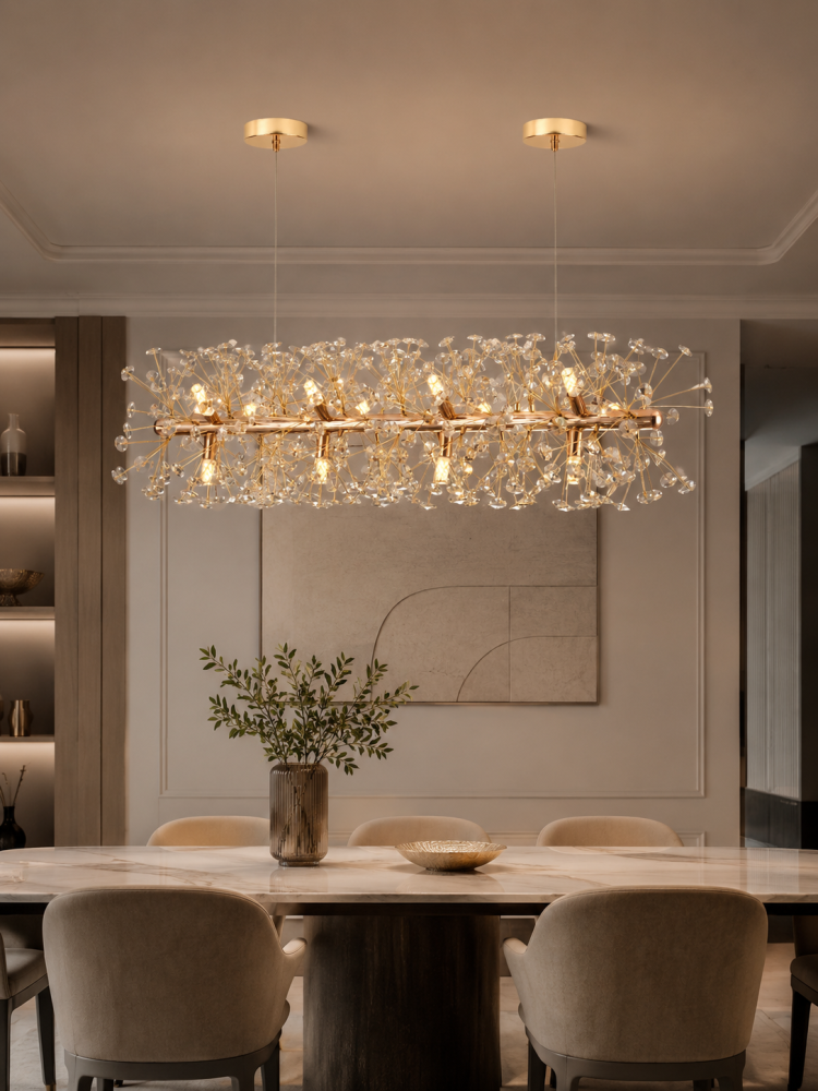 Lustră suspendată Crystal Dandelion Gold, AVI®, design liniar, 90 cm, Ø30 cm, 12 × G9, cristale multifatetate, AVI-5551 [4]