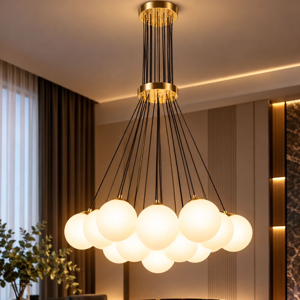 Lustră suspendată cu 19 globuri Ø13 cm, AVI®, 19 x E27, structură aurie, prindere tip mănunchi pe două niveluri, AVI-5608 [4]