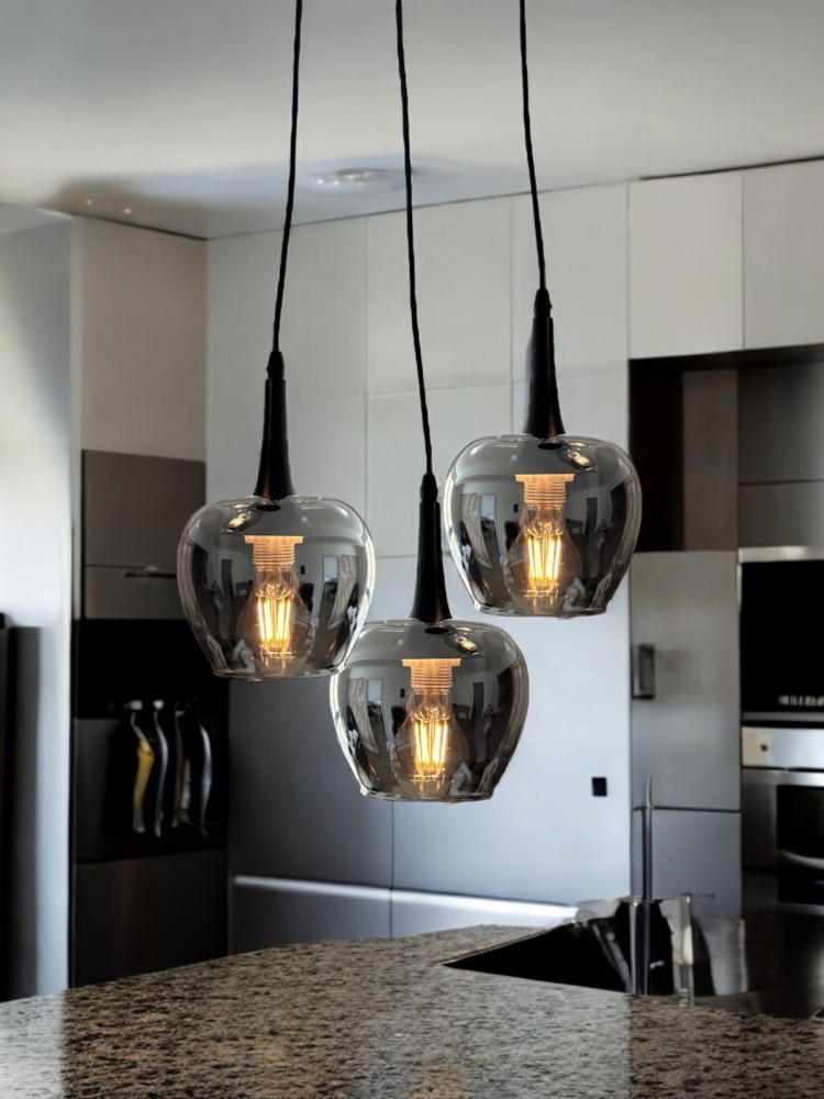 Lustra suspendata cu 3 pendule E27, sticle fumurii, inaltime reglabila, negru, AVI-4410 [2]