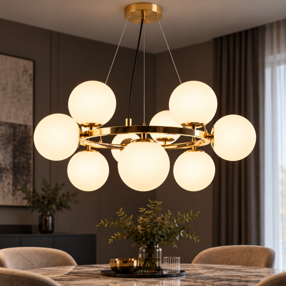 Lustra suspendata cu 9 globuri Ø13 cm, AVI®, 9 x E27, structura circulara aurie, diametru total aprox. Ø60 cm, design modern decorativ, AVI-5575 [2]