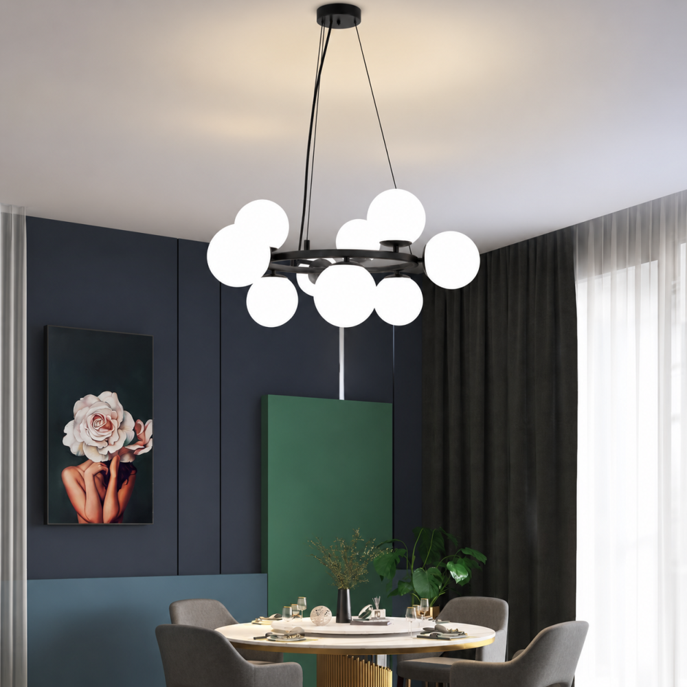 Lustra suspendata cu 9 globuri Ø13 cm, AVI®, 9 x E27, structura circulara neagra, diametru total aprox. Ø60 cm, design modern decorativ, AVI-5576 [5]