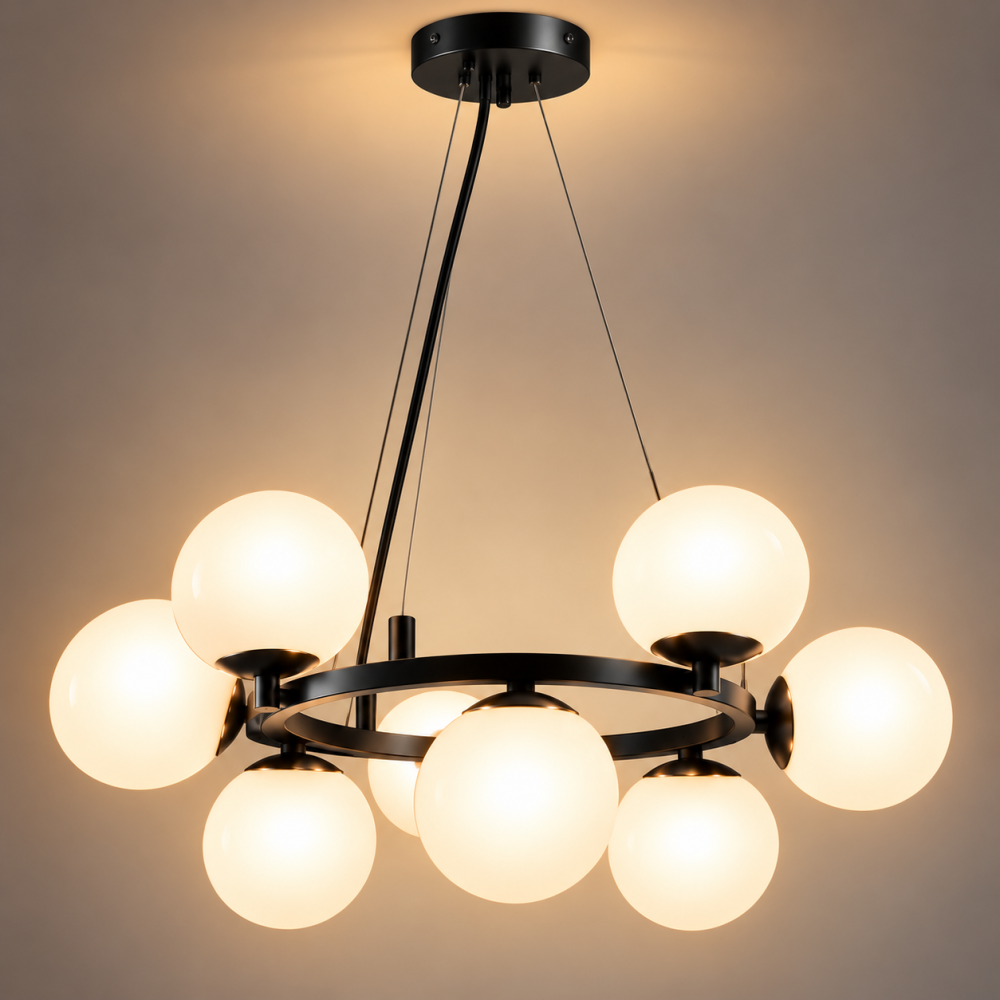 Lustra suspendata cu 9 globuri Ø13 cm, AVI®, 9 x E27, structura circulara neagra, diametru total aprox. Ø60 cm, design modern decorativ, AVI-5576 [3]