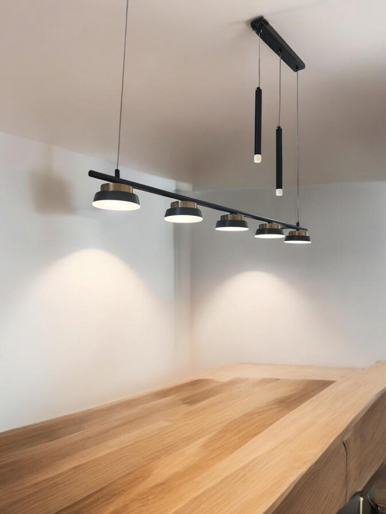 Lustra suspendata dining LED, 120 cm, cu 5 spoturi si 2 pendule, negru - auriu, AVI-4680 [5]