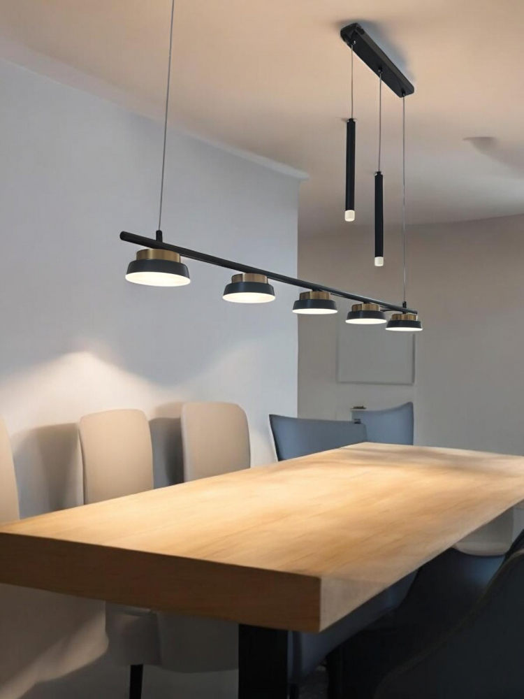 Lustra suspendata dining LED, 120 cm, cu 5 spoturi si 2 pendule, negru - auriu, AVI-4680 [1]