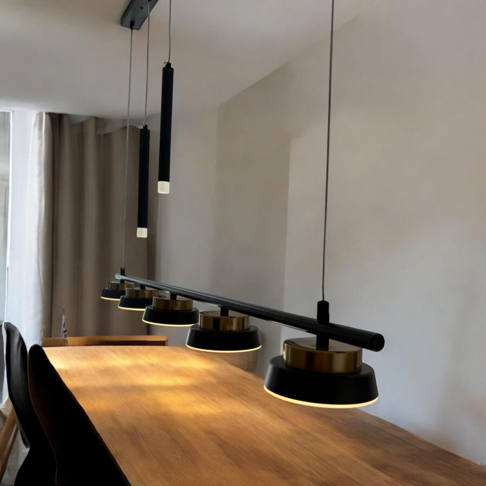 Lustra suspendata dining LED, 120 cm, cu 5 spoturi si 2 pendule, negru - auriu, AVI-4680 [3]