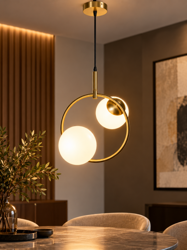 Lustră tip pendul, AVI®, 2 x E27, 2 globuri Ø13 cm, structură circulară aurie, design modern, AVI-5618 [3]