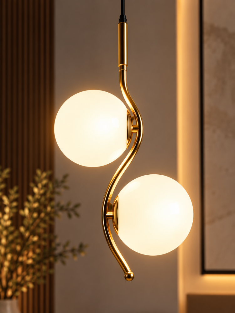 Lustră tip pendul, AVI®, 2 x E27, 2 globuri Ø15 cm, structură aurie curbată, design modern, AVI-5613 [3]