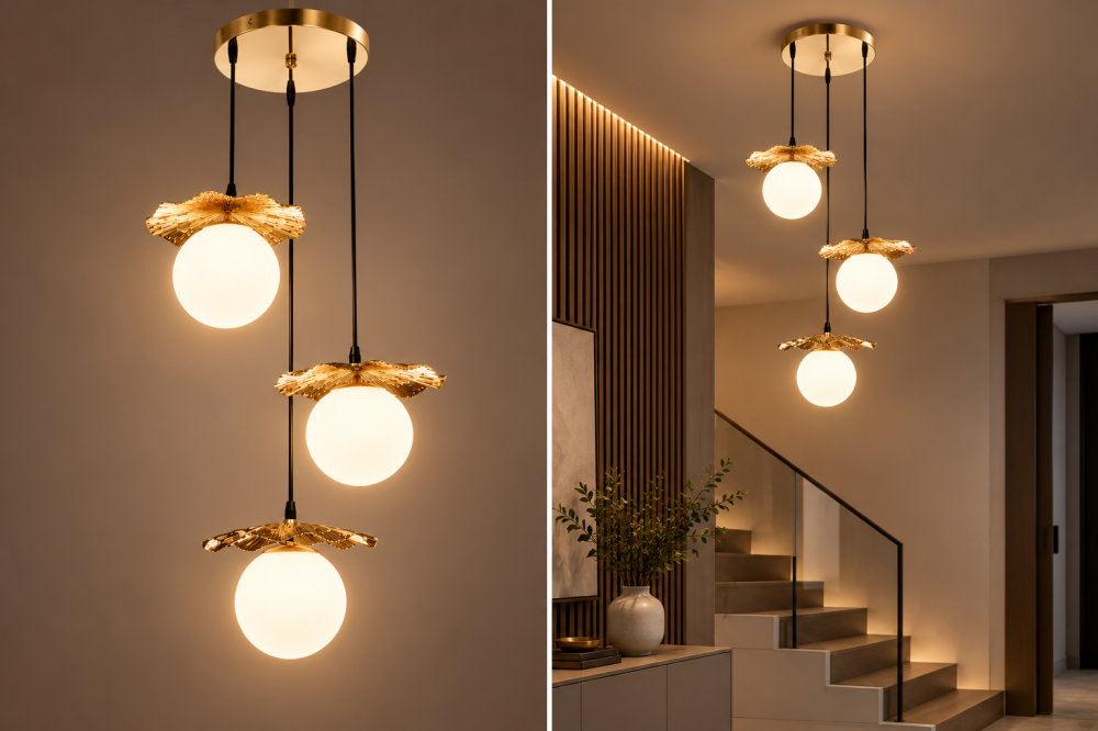 Lustra tip pendul, AVI®, 3 globuri Ø15 cm, 3 x E27, reglabila pe inaltime, auriu, design decorativ, AVI-5599 [2]