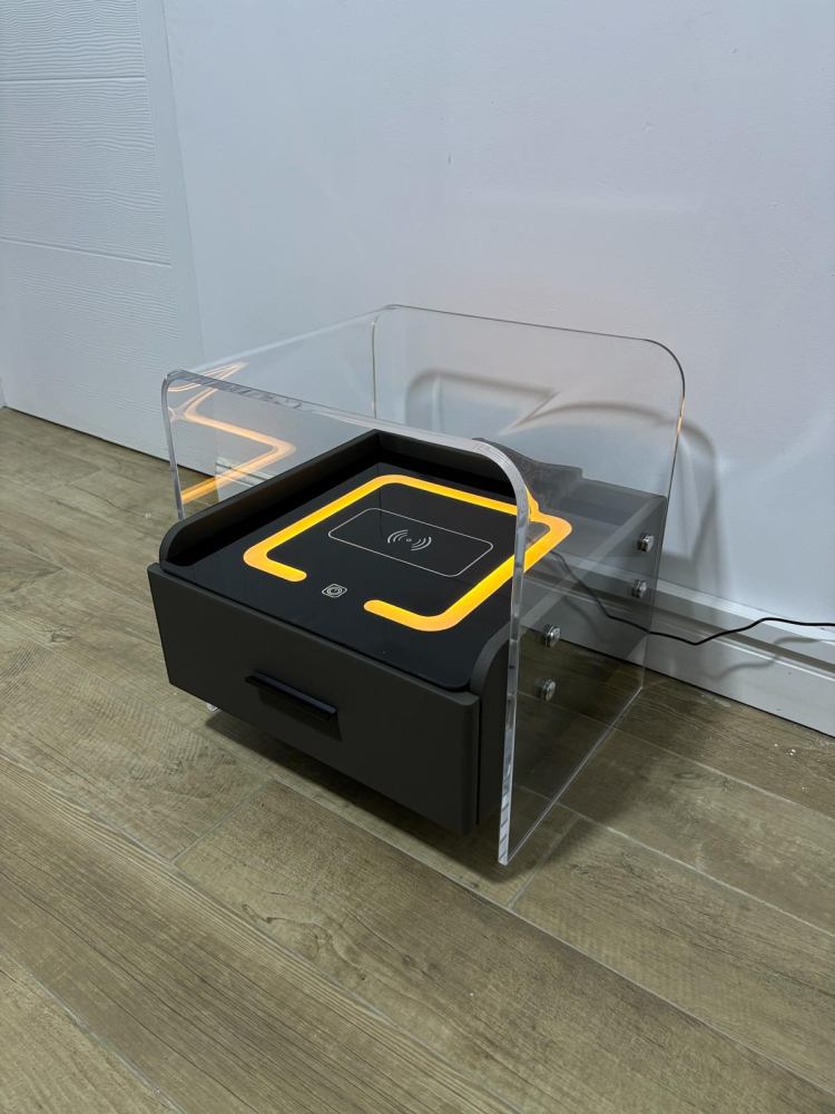 Noptieră smart cu cadru plexiglas 10mm, blat sticlă securizată cu încărcare wireless și iluminare ambientală, 42 x 40 x 43.5 cm, AVI-5222 [1]