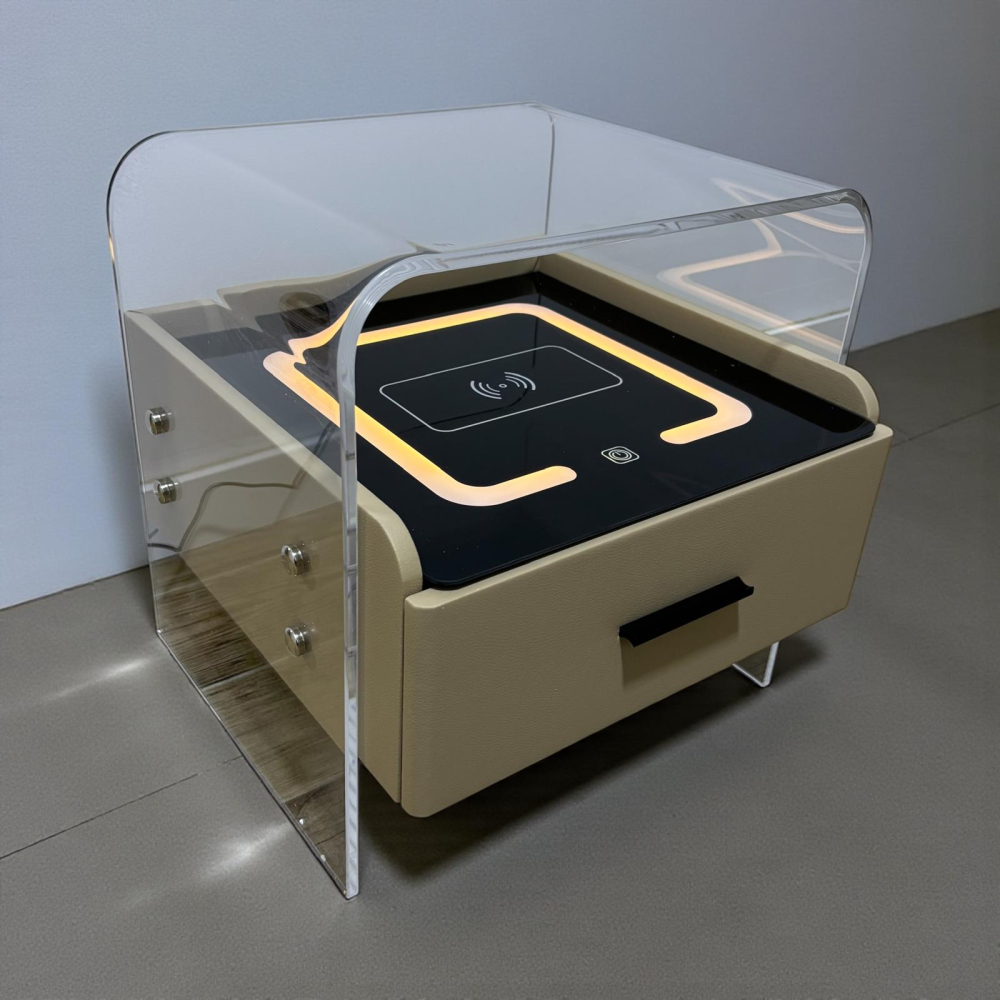 Noptieră smart cu cadru plexiglas 10mm, blat sticlă securizată cu încărcare wireless și iluminare ambientală, 42 x 40 x 43.5 cm, AVI-5222 [1]