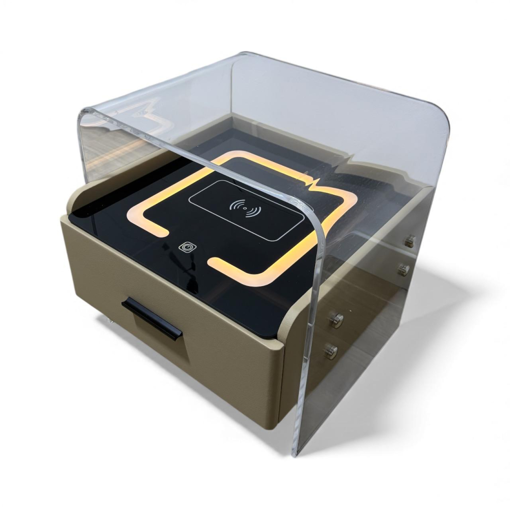 Noptieră smart cu cadru plexiglas 10mm, blat sticlă securizată cu încărcare wireless și iluminare ambientală, 42 x 40 x 43.5 cm, AVI-5222 [3]