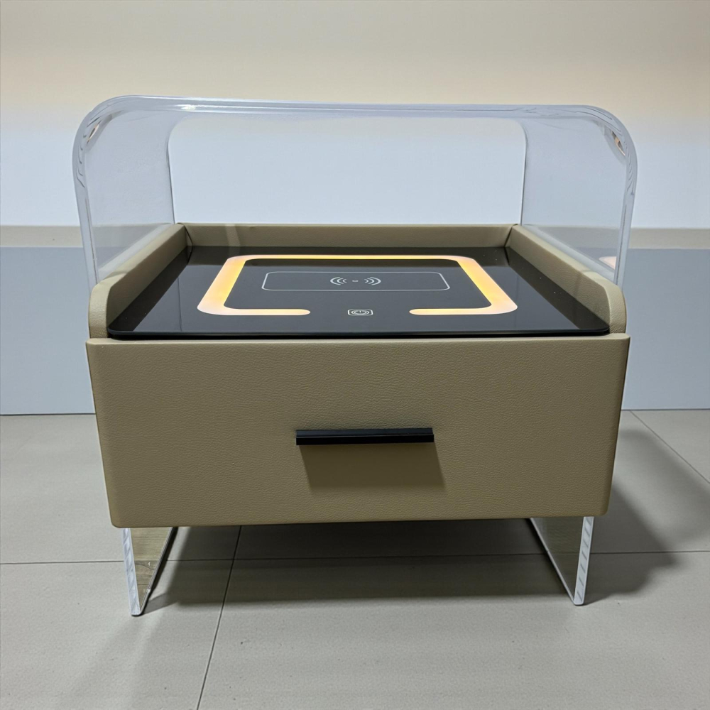 Noptieră smart cu cadru plexiglas 10mm, blat sticlă securizată cu încărcare wireless și iluminare ambientală, 42 x 40 x 43.5 cm, AVI-5222 [2]