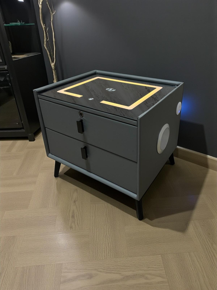 Noptiera Smart cu Iluminare LED, Încărcare Wireless, 2 boxe Bluetooth și securizare sertar cu amprenta, 50 x 40cm, H 45cm, AVI-4875 [10]