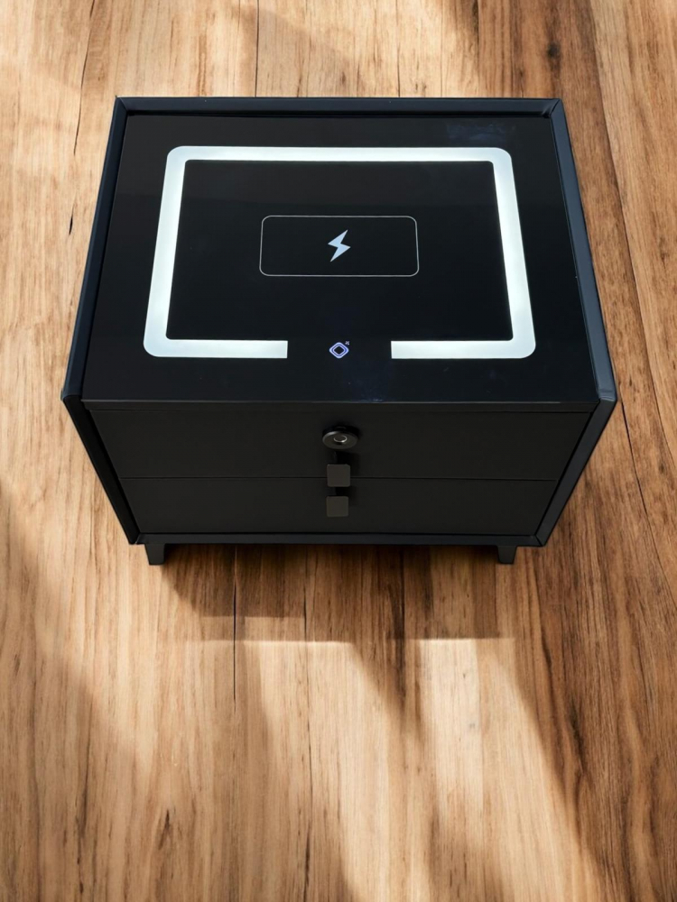 Noptiera Smart cu Iluminare LED, Încărcare Wireless, 2 boxe Bluetooth și securizare sertar cu amprenta, 50 x 40cm, H 45cm, negru, AVI-4875 [2]