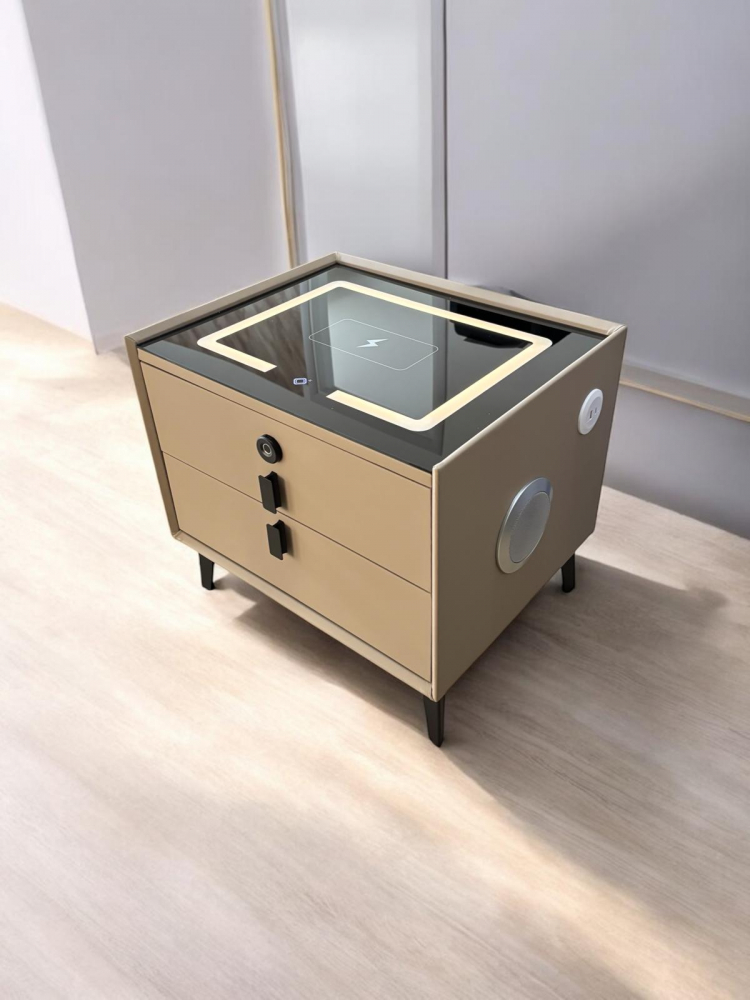 Noptiera Smart cu Iluminare LED, Încărcare Wireless, 2 boxe Bluetooth și securizare sertar cu amprenta, 50 x 40cm, H 45cm, bej, AVI-4875 [1]