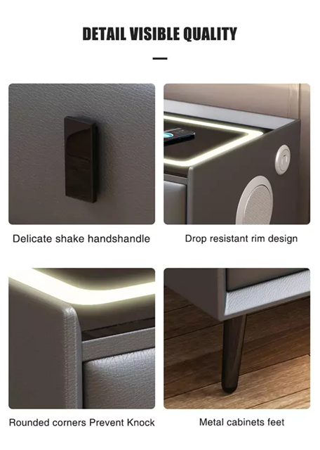 Noptiera Smart cu Iluminare LED, Încărcare Wireless, 2 boxe Bluetooth și securizare sertar cu amprenta, 50 x 40cm, H 45cm, bej, AVI-4875 [8]