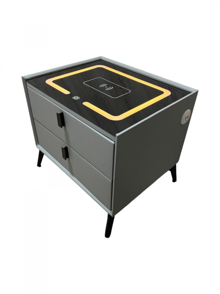 Noptieră smart cu încărcare wireless, porturi USB, blat din sticlă securizată și 2 sertare, tapițată cu piele ecologică, 50 x 40 x 40.5 cm, AVI-5217 [2]