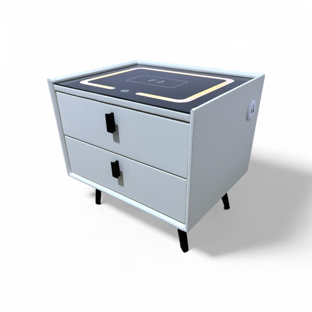 Noptieră smart cu încărcare wireless, porturi USB, blat din sticlă securizată și 2 sertare, tapițată cu piele ecologică, 50 x 40 x 40.5 cm, AVI-5217 [4]