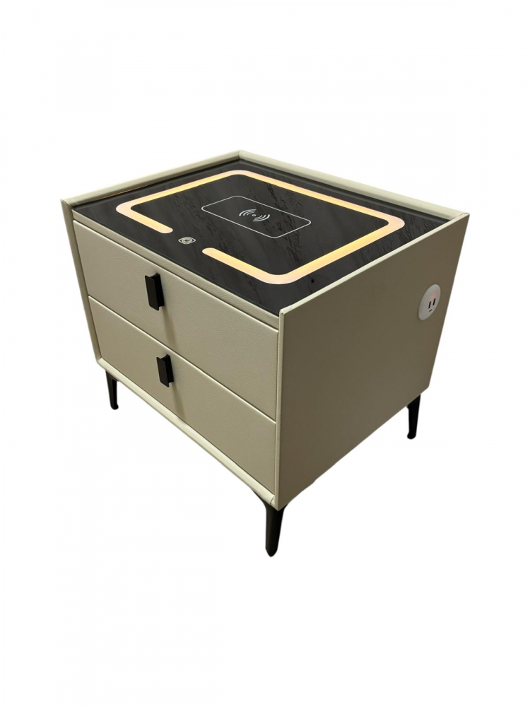 Noptieră smart cu încărcare wireless, porturi USB, blat din sticlă securizată și 2 sertare, tapițată cu piele ecologică, 50 x 40 x 40.5 cm, AVI-5217 [2]