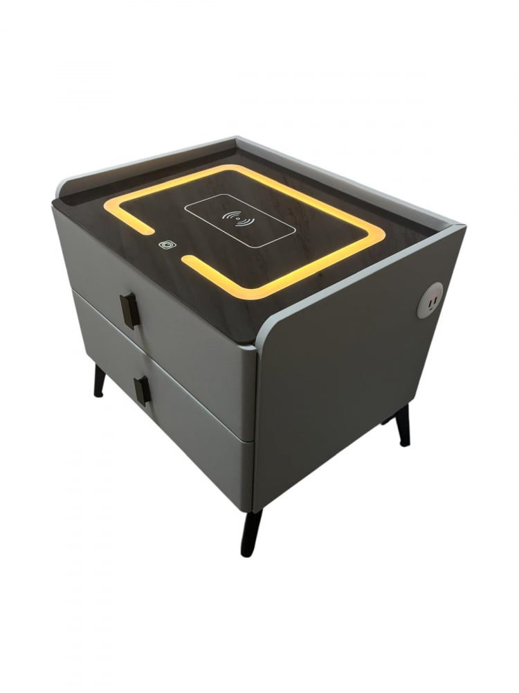 Noptieră smart cu încărcare wireless, porturi USB, blat din sticlă securizată și 2 sertare, tapițată cu piele ecologică, 50 x 40 x 40.5 cm, gri, AVI-5220 [2]