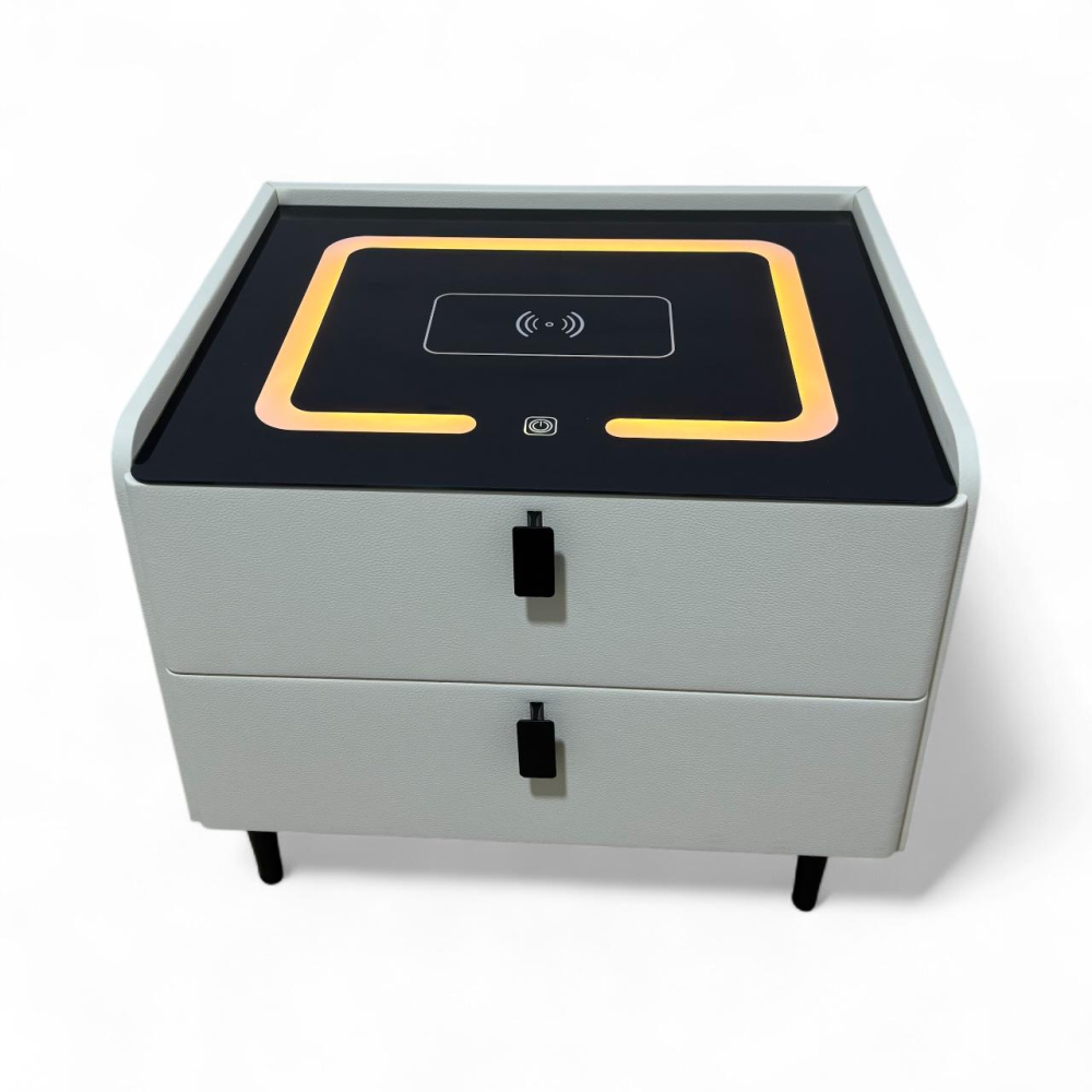 Noptieră smart cu încărcare wireless, porturi USB, blat din sticlă securizată și 2 sertare, tapițată cu piele ecologică, 50 x 40 x 40.5 cm, alb, AVI-5220 [3]