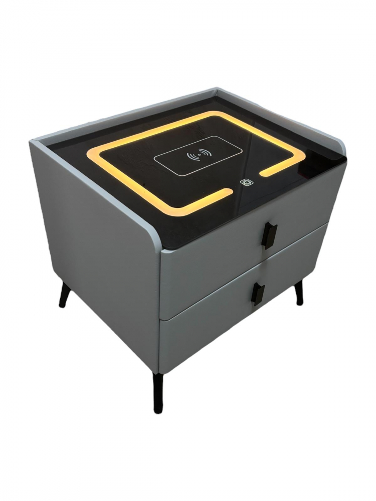 Noptieră smart cu încărcare wireless, porturi USB, blat din sticlă securizată și 2 sertare, tapițată cu piele ecologică, 50 x 40 x 40.5 cm, gri, AVI-5220 [5]