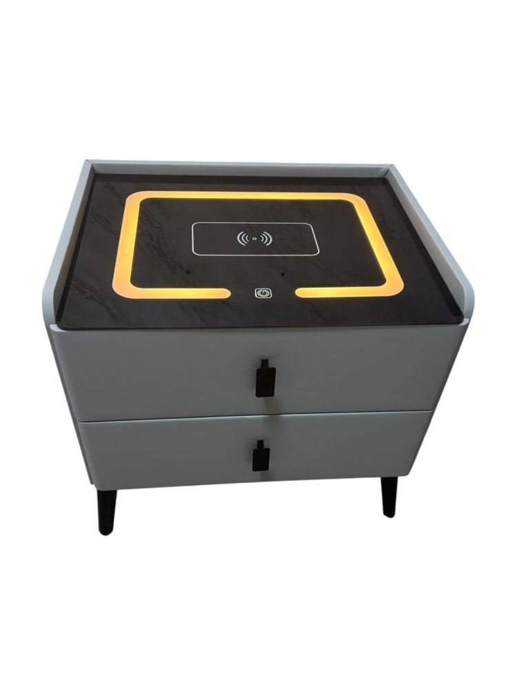 Noptieră smart cu încărcare wireless, porturi USB, blat din sticlă securizată și 2 sertare, tapițată cu piele ecologică, 50 x 40 x 40.5 cm, gri, AVI-5220 [3]