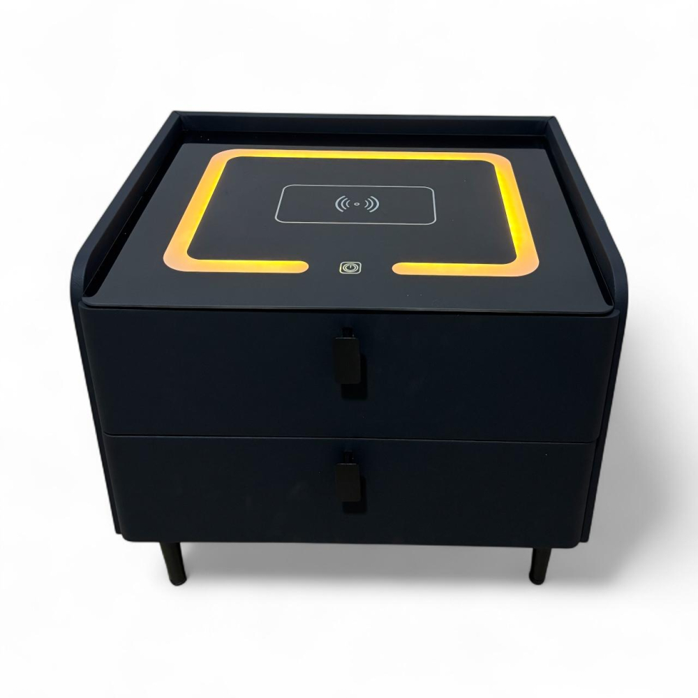 Noptieră smart cu încărcare wireless, porturi USB, blat din sticlă securizată și 2 sertare, tapițată cu piele ecologică, 50 x 40 x 40.5 cm, negru, AVI-5220 [4]