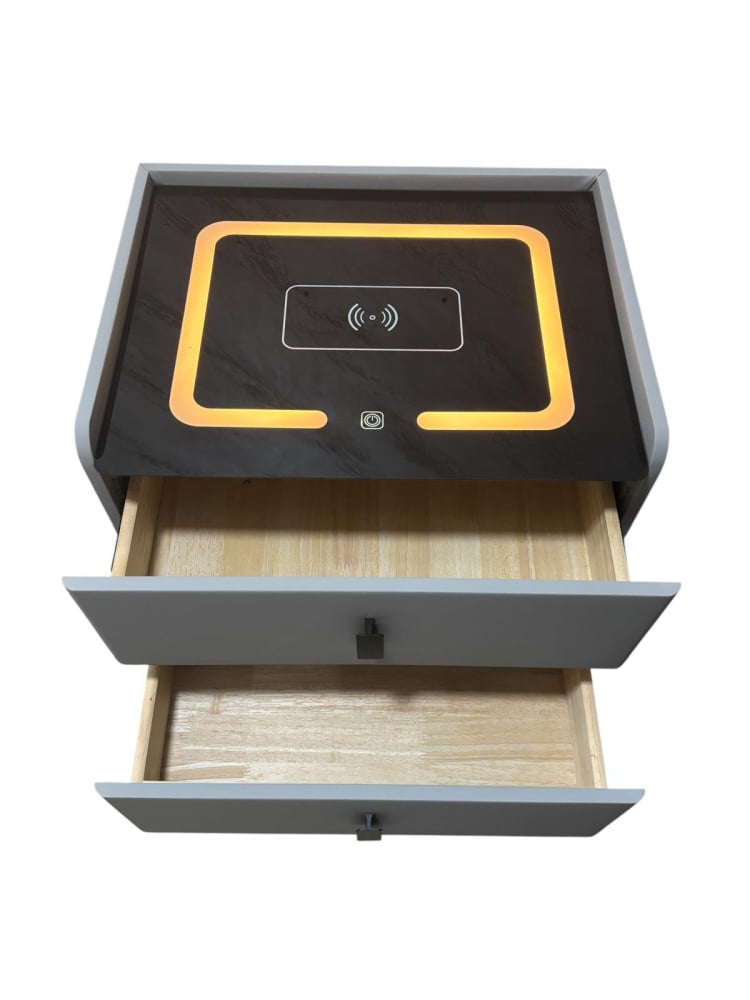 Noptieră smart cu încărcare wireless, porturi USB, blat din sticlă securizată și 2 sertare, tapițată cu piele ecologică, 50 x 40 x 40.5 cm, gri, AVI-5220 [4]
