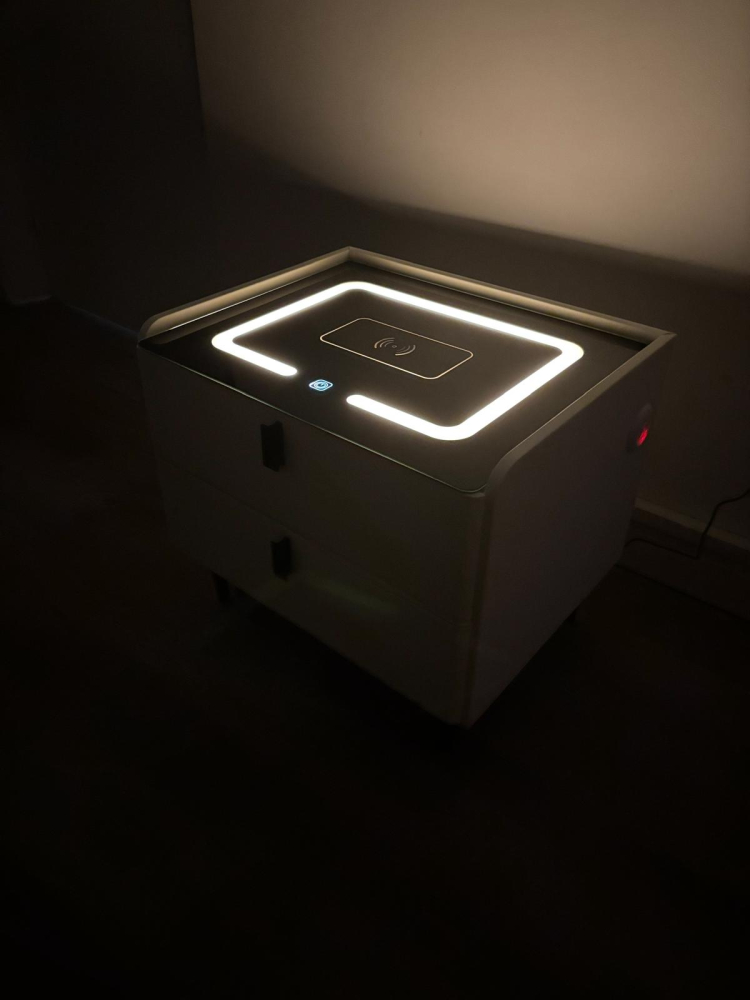 Noptieră smart cu încărcare wireless, porturi USB, blat din sticlă securizată și 2 sertare, tapițată cu piele ecologică, 50 x 40 x 40.5 cm, alb, AVI-5220 [6]