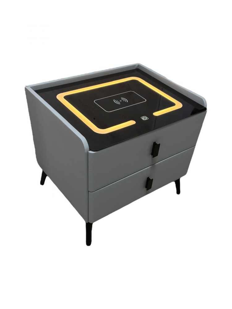 Noptieră smart cu încărcare wireless, porturi USB, blat din sticlă securizată și 2 sertare, tapițată cu piele ecologică, 50 x 40 x 40.5 cm, gri, AVI-5220 [1]