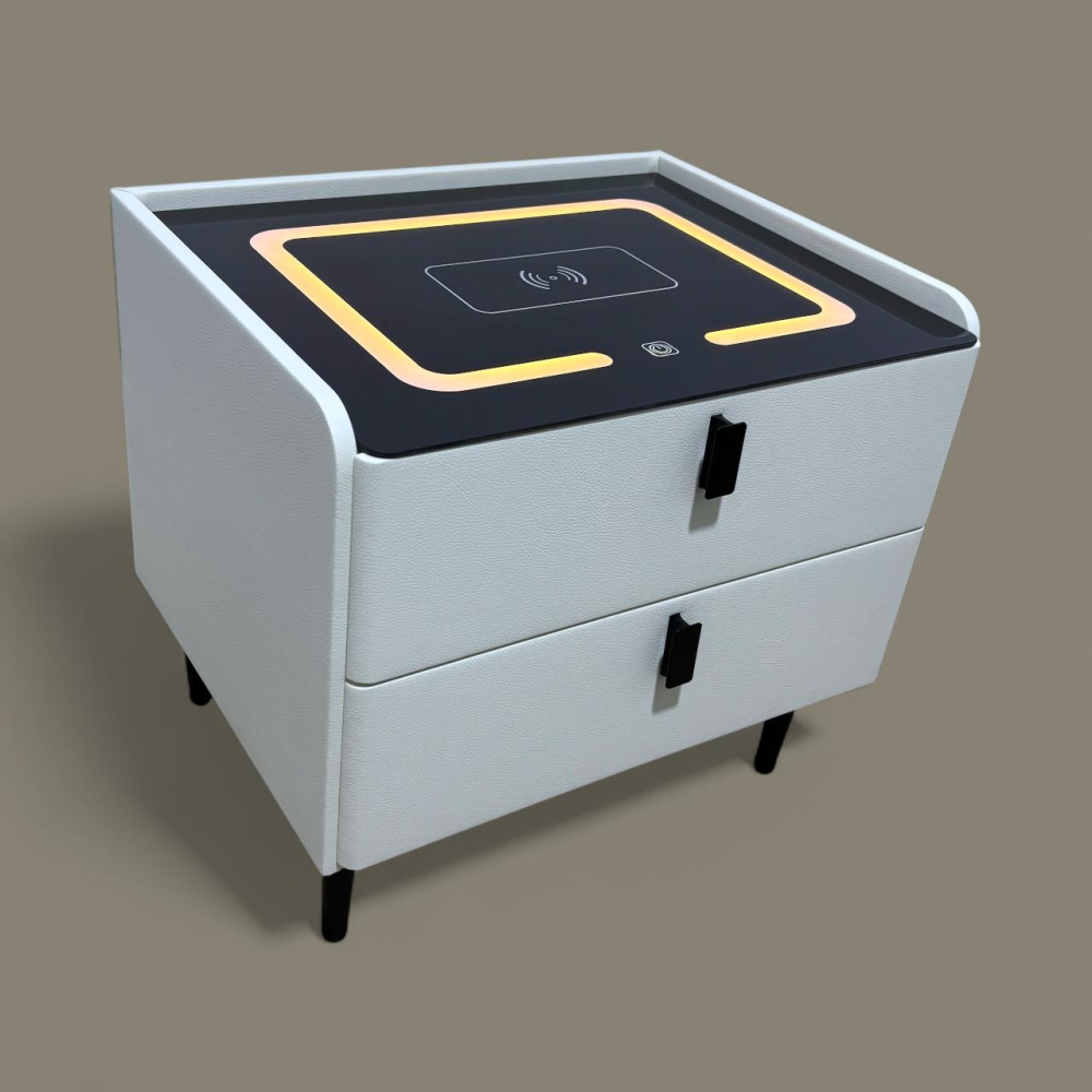 Noptieră smart cu încărcare wireless, porturi USB, blat din sticlă securizată și 2 sertare, tapițată cu piele ecologică, 50 x 40 x 40.5 cm, alb, AVI-5220 [2]