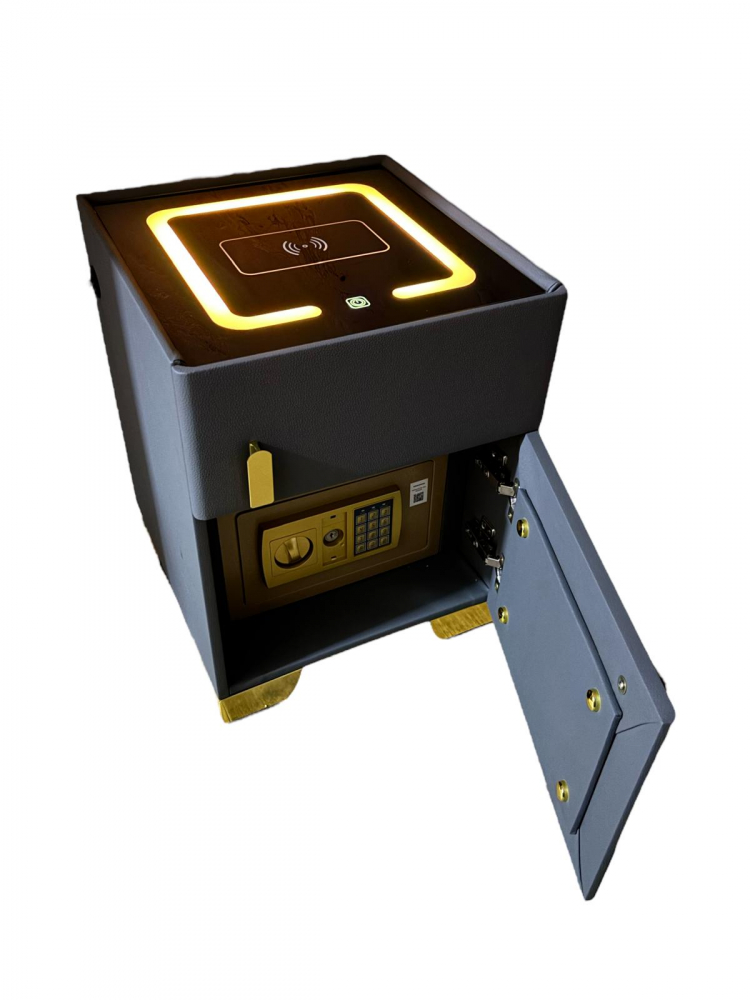 Noptieră smart cu încărcare wireless, seif cu cod PIN, porturi USB și blat din sticlă securizată iluminată LED, 40.5 x 41.5 x 52.5 cm, gri antracit AVI-5221 [2]