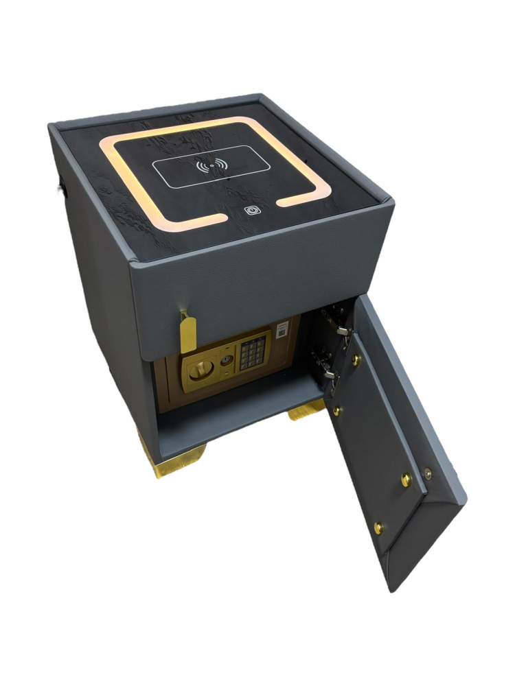 Noptieră smart cu încărcare wireless, seif cu cod PIN, porturi USB și blat din sticlă securizată iluminată LED, 40.5 x 41.5 x 52.5 cm, gri antracit AVI-5221 [3]