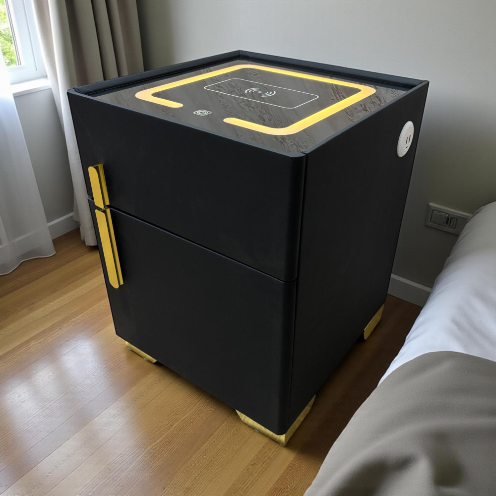 Noptieră smart cu încărcare wireless, seif cu cod PIN, porturi USB și blat din sticlă securizată iluminată LED, 40.5 x 41.5 x 52.5 cm, AVI-5221 [4]