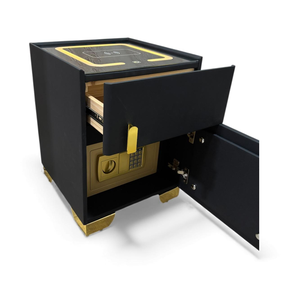 Noptieră smart cu încărcare wireless, seif cu cod PIN, porturi USB și blat din sticlă securizată iluminată LED, 40.5 x 41.5 x 52.5 cm, AVI-5221 [3]