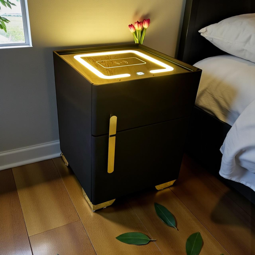 Noptieră smart cu încărcare wireless, seif cu cod PIN, porturi USB și blat din sticlă securizată iluminată LED, 40.5 x 41.5 x 52.5 cm, AVI-5221 [1]