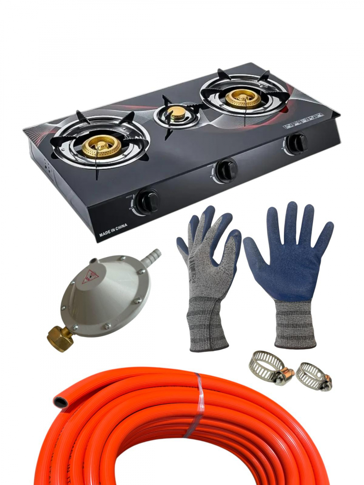 Pachet aragaz cu plita din sticla securizata, furtun gaz 2.4 m si 2 coliere, regulator de presiune model rusesc, manusi de lucru 4757, AVI-3887 [1]