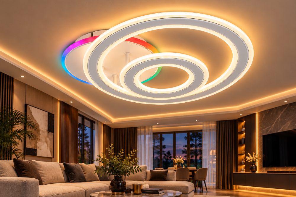 Plafoniera LED moderna AVI®, 2 inele, alba, 98W, 3 tipuri de lumina, RGB ambiental, telecomanda, suport Ø25 cm, AVI-5668 [3]