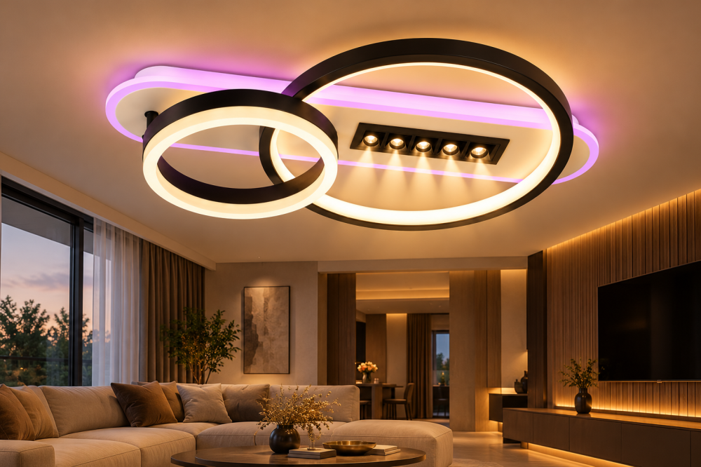 Plafoniera LED moderna AVI®, 2 inele Ø20/30 cm, alb-negru, 102W, 3 tipuri de lumina, RGB ambiental, telecomanda, 5 spoturi LED, AVI-5687 [2]
